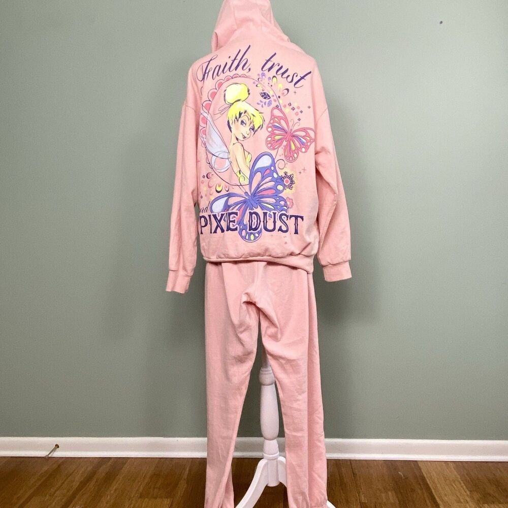 Disney Tinker Bell Sweatsuit 2 Pc Hoodie Tracksuit Womens Large Pink Kidcore